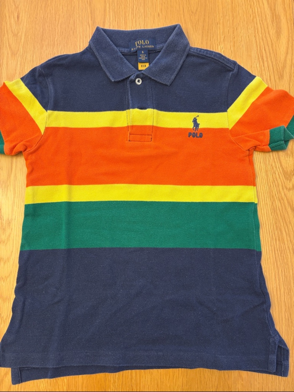 Polo Ralph Lauren Navy Stripe Short Sleeved Polo with Bright Stripes - size 6
